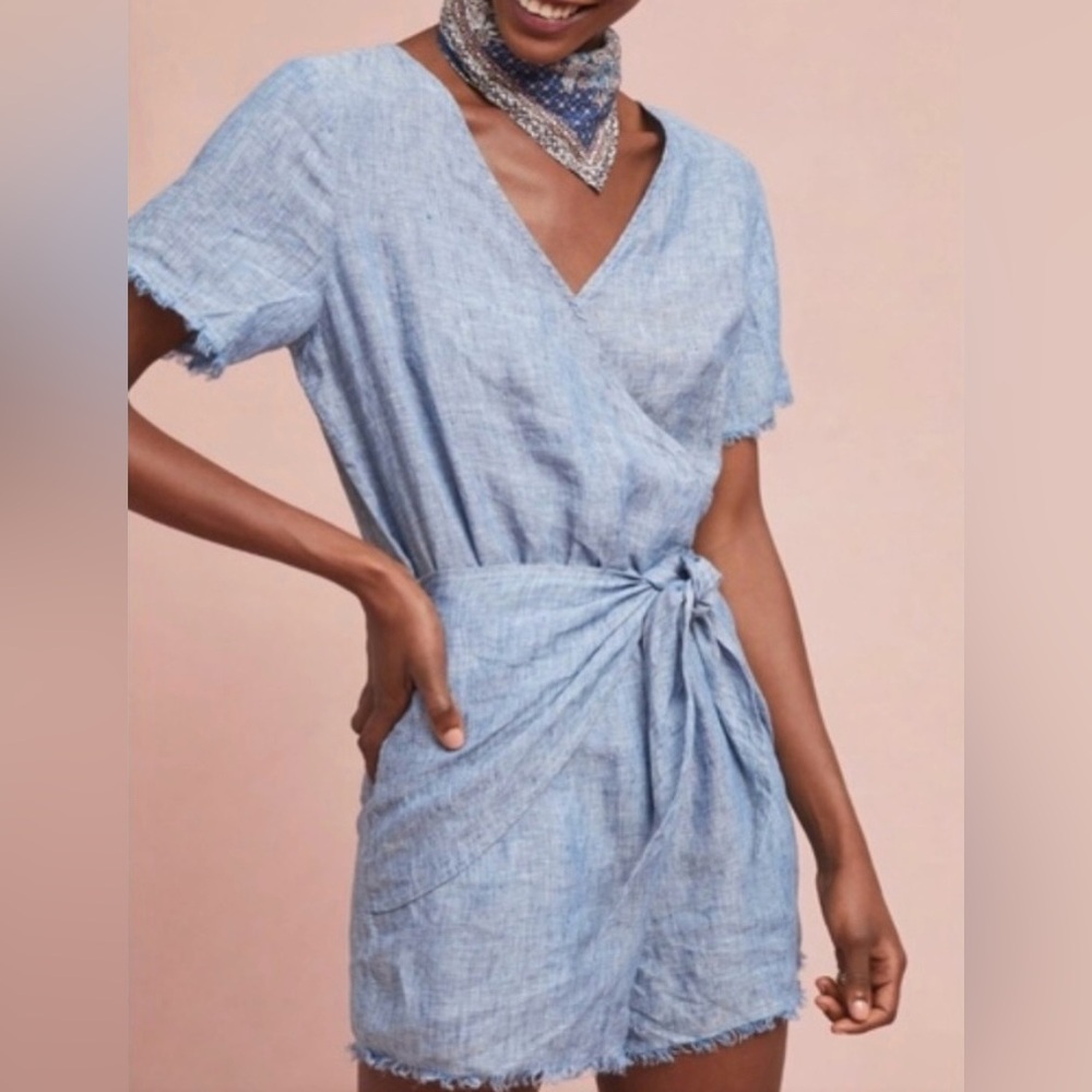 Anthropologie Blue Jumpsuit with Wrap V-Neck and Tie Waist